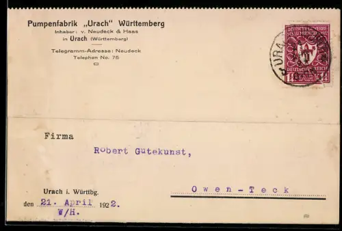 AK Urach /Württemberg, Pumpenfabrik Urach Württemberg Neudeck & Haas, Bestellung