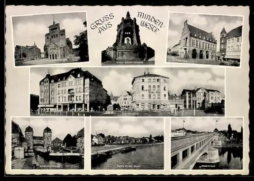 AK Minden /Westf., Dom, Kaiser-Wilhelm-Denkmal, Rathaus, Schachtschleuse, Weserbrücke