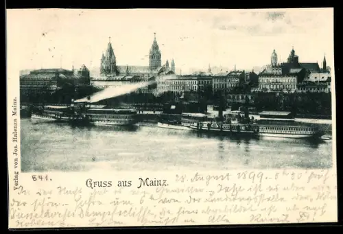 AK Mainz, Dom, Rhein, Dampfschiffe