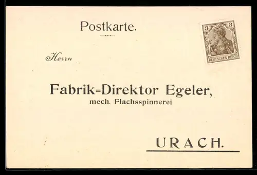 AK Urach, Flachsspinnerei Egeler, Einladung zur Verhandlung Wasserversorgung Uracher Albgruppe 1910