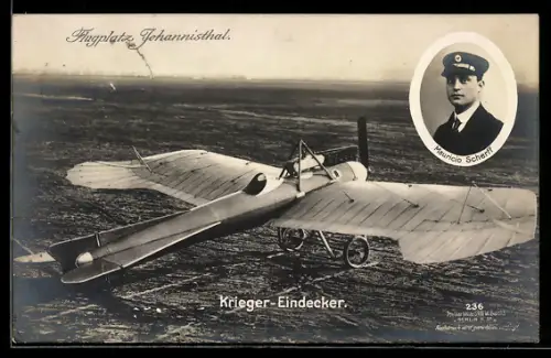 Foto-AK Sanke Nr. 236: Berlin-Johannistal, Kampfflugzeug-Eindecker auf dem Flugfeld, Pilot Mauricio Scherff