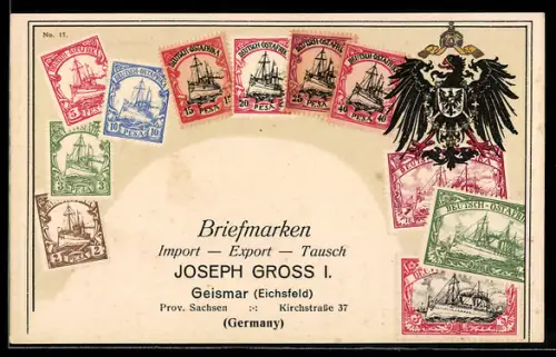 AK Deutsch-Ostafrika, Briefmarken der Kolonie Deutsch-Ostafrika, Briefmarken-Tausch Joseph Gross, Geismar /Eichsfeld