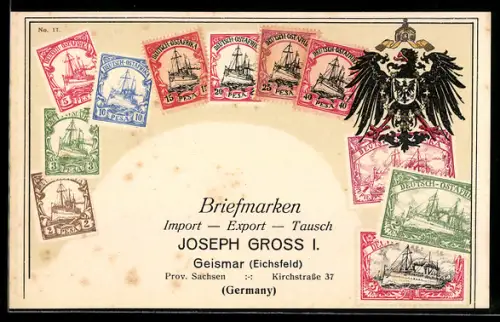 AK Deutsch-Ostafrika, Briefmarken der Kolonie Deutsch-Ostafrika, Briefmarken-Import Joseph Gross, Geismar /Eichsfeld