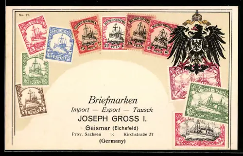 AK Deutsch-Ostafrika, Briefmarken der Kolonie Deutsch-Ostafrika, Briefmarken-Import Joseph Gross, Geismar /Eichsfeld