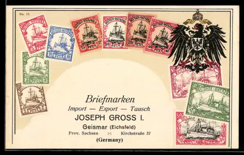AK Deutsch-Ostafrika, Briefmarken der Kolonie Deutsch-Ostafrika, Briefmarken-Import Joseph Gross, Geismar /Eichsfeld