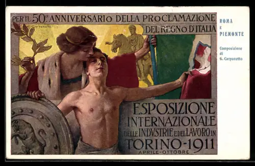 Künstler-AK Torino, Esposizione Internationale delle Industrie e del Lavoro 1911, Roma e Piemonte, Jugendstil
