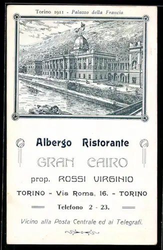 AK Torino, Albergo Ristorante Gran Cairo, prop. Rossi Virginio, Internationale Ausstellung 1911