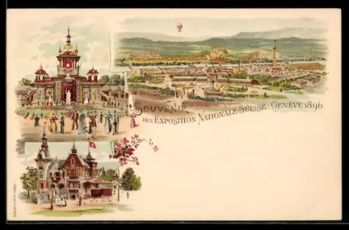 Lithographie Geneve, Exposition Nationale Suisse 1896, Totalansicht