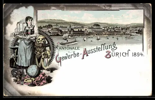 Lithographie Zürich, Kantonale Gewerbe-Ausstellung im Jahr 1894, Totalansicht mit Flussdampfer