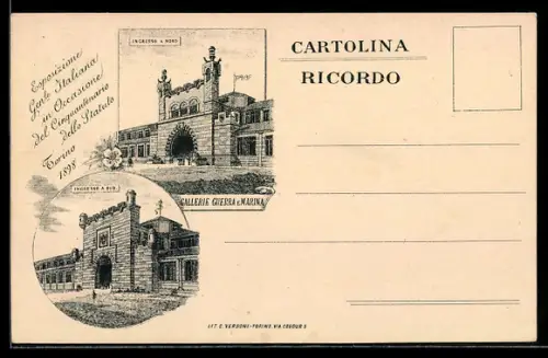 Lithographie Torino, Esposizione Generale Italiana in Occasione del Cinquantenario dello Statuto, Ingresso a Nord