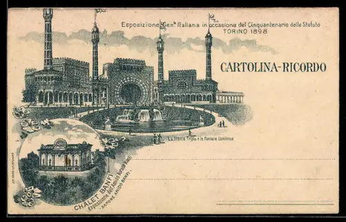 Lithographie Torino, Esposizione Generale Italiana in occasione del Cinquantenario dello Statuto 1898, Fronte Tripla