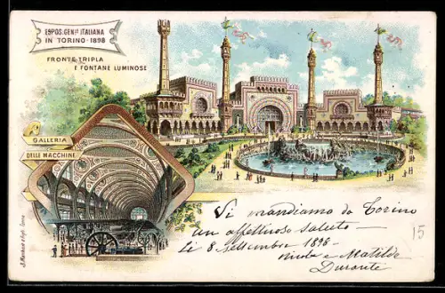 AK Torino, Ausstellung 1898, Fronte Tripla E Fontane Luminose, Galleria Delle Macchine