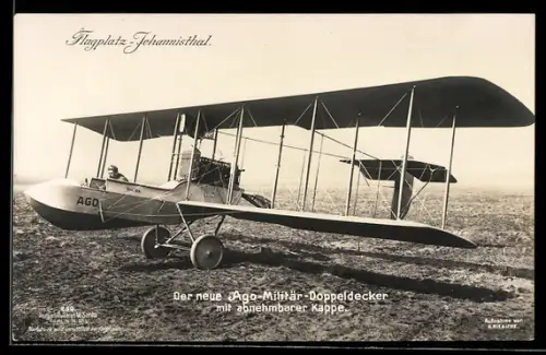 Foto-AK Sanke Nr.: 250, Der neue AGo-Militär-Doppeldecker mit abnehmbarer Kappe auf dem Flugplatz Johannisthal