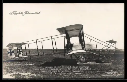 Foto-AK Sanke Nr. 280: Flugplatz Johannisthal, erbeuteter M. Farman-Doppeldecker