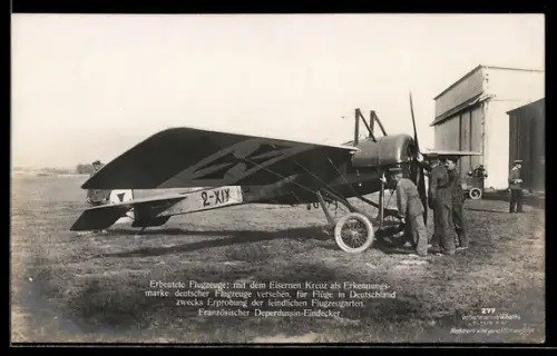 Foto-AK Sanke Nr. 277: erbeutetes Flugzeug mit dem Eisernen Kreuz, französ. Deperdussin-Eindecker