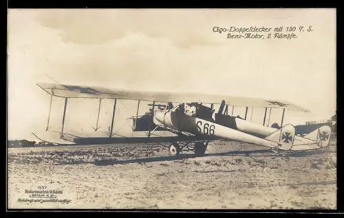 Foto-AK Sanke Nr. 437: Ago Doppeldecker, S 66, mit 150 T. S. Benz Motor, 2 Rümpfe, Flugzeug