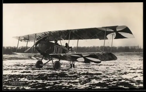 Foto-AK Sanke Nr. 1013: Aviatik-Doppeldecker, Flugzeug