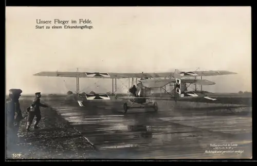 Foto-AK Sanke Nr. 1017: Doppeldecker-Flugzeug startet zu einem Erkundungsfluge