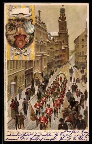 Künstler-Lithographie Paul Hey: München, Schäfflertanz, Theatinerstr., Festumzug mit Wappen