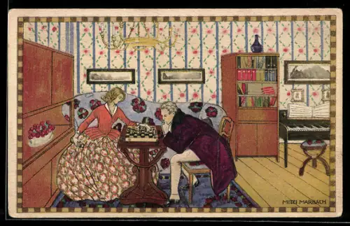 Künstler-AK sign. Mitzi Marbach: Paar beim Schach, Jugendstil