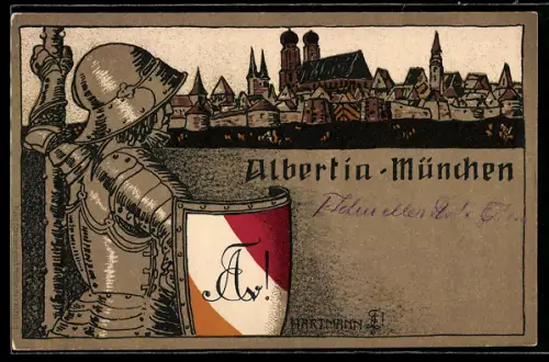 Künstler-AK München, Studentenwappen Albertia, Teilansicht mit Frauenkirche