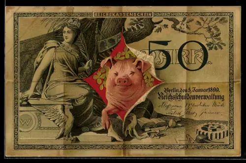 AK Reichskassenschein 50 Mark, Glücksschwein, Geld