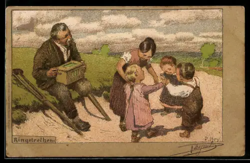 Künstler-Lithographie Paul Hey: Herr mit Leierkasten, Kinder tanzen Ringelreihen
