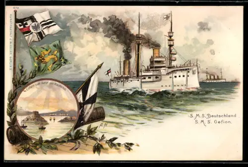 Künstler-Lithographie A. Heide: Kiaotschau, Einfahrt zum Hafen, Kriegsschiffe Deutschland und Gefion