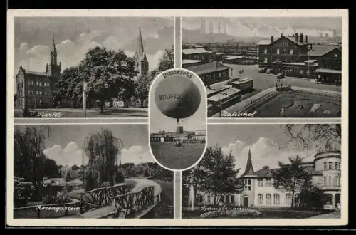 AK Bitterfeld, Ballon, Markt, Bahnhof, Partie im Rosengarten