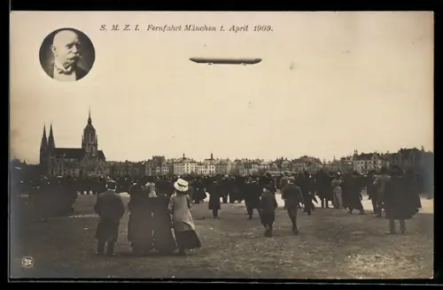 AK München, Graf Zeppelin bei seiner Fernfahrt mit S. M. Z. I. 1909, Porträtbild von Graf Zeppelin