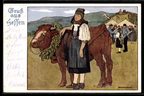 Künstler-AK Otto Ubbelohde: Gruss aus Hessen, Volkstracht, Maid mit Ochse