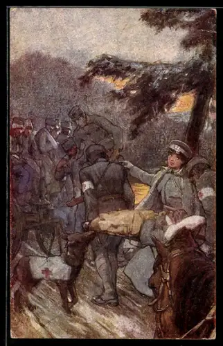 Künstler-AK Rotes Kreuz Nr. 633: Sanitätshund bei dem Transport eines verwundeten Soldaten