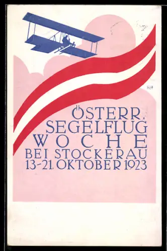 Künstler-AK Stockerau, Österreichische Segelflugwoche 1923, Doppeldecker-Segelflugzeug