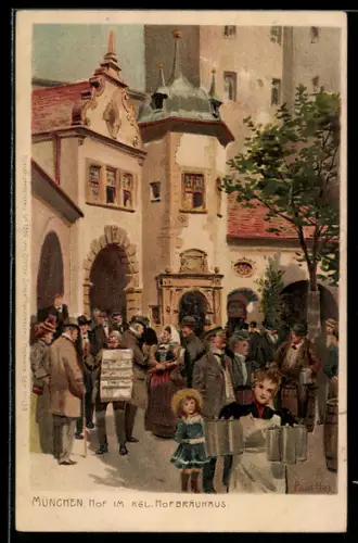 Künstler-Lithographie Paul Hey: München, Innenhof im Kgl. Hofbräuhaus