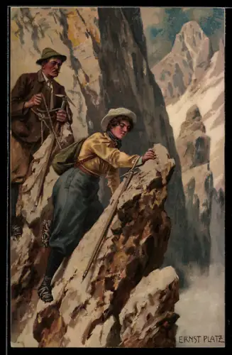 Künstler-AK Ernst Platz: Bergsteigerin am Felsvorsprung