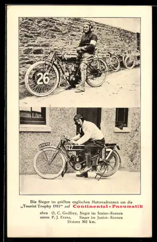 AK Reklame-Karte, Fahrrad Sieger O. C. Godfrey und P. J. Evans mit Continental-Pneumatic Motorrädern