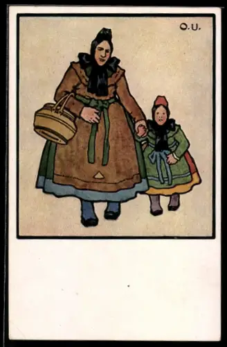 Künstler-AK Otto Ubbelohde: Hessische Trachten, Mutter und Tochter