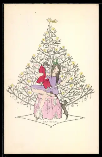 Künstler-AK Mela Köhler: Mädchen unterm Christbaum mit Puppe und Hündchen