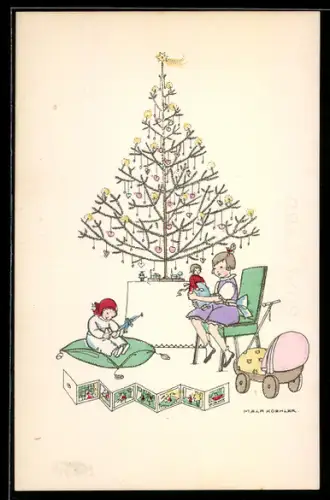 Künstler-AK Mela Köhler: Kinder mit Geschenken unterm Christbaum