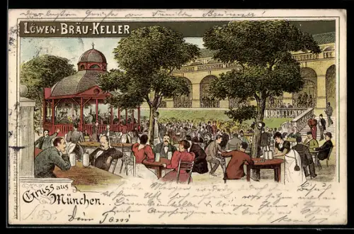 Vorläufer-Lithographie München, 1895, Restaurant Löwenbräu-Keller, viele trinkende Leute im Garten