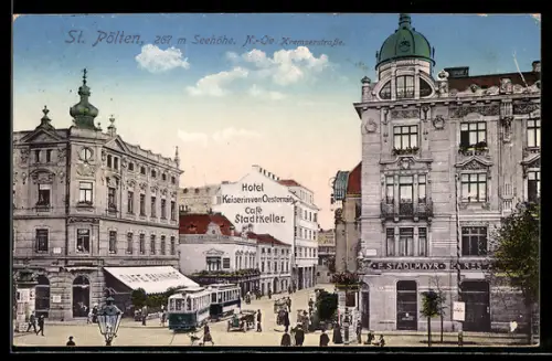 AK St. Pölten, Hotel Kaiserin von Oesterreich in der Kremserstrasse mit Strassenbahn