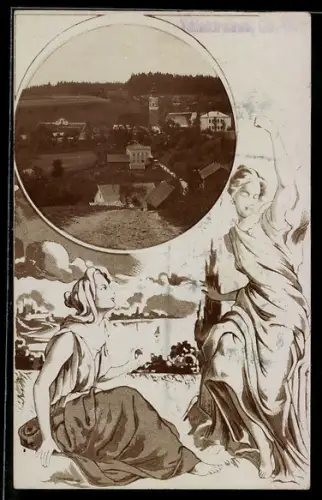 AK Taiskirchen /O. Ö., Blick in den Ort, Passepartout mit zwei Damen