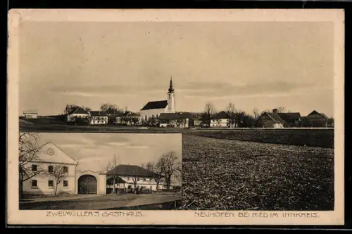 AK Neuhofen bei Ried, Zweimüller`s Gasthaus und Ortsansicht mit Kirche