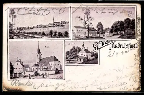 AK Andrichsfurth /O. Ö., Bründel, Kirche, Post, Gasthaus und Keller