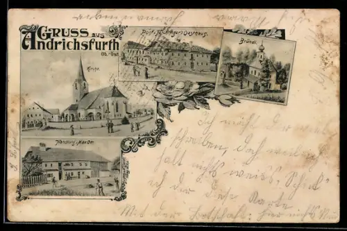 AK Andrichsfurth, Post und Feichtinger`s Gasthaus, Handlung von Max Ott, Kirche