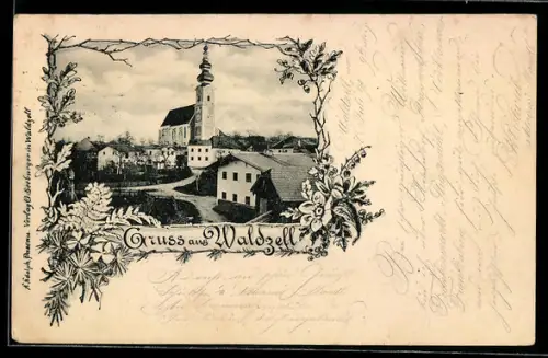 AK Waldzell, Strassenansicht mit Kirche