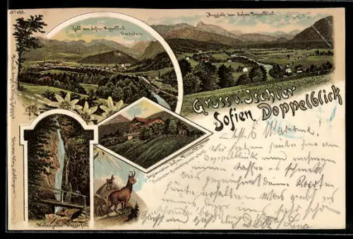 Lithographie Ischl, Restaurant Sofien Doppelblick, Hohenzoller Wasserfall