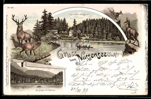 Lithographie Nussensee /Ischl, Restaurant Nussensee, Blick ins Gebirge