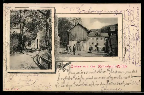 AK Ischl, Gasthaus Rettenbach-Mühle J. & E. Ganselmayer, Hofansicht mit Ochsenfuhrwerk, Strassenpartie
