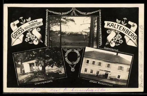 AK Kaltenberg /O. Ö., Gasthaus von Johann Rockenschaub, Ursprungskapelle, Passepartout mit Blumen und Kranz